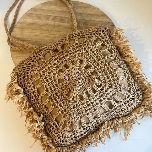 MW Tan Natural Fiber Straw Fringe Raffa Crochet Square Tote Shoulder Bag - Picture 13 of 13